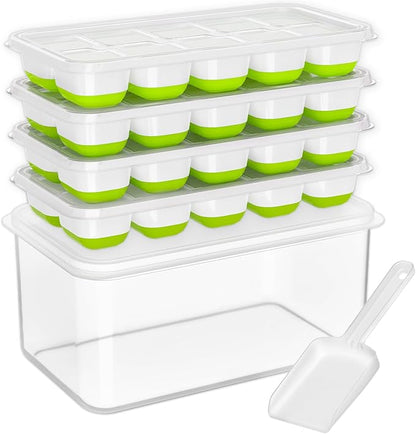 DOQAUS Ice Cube Tray with Lid and Bin - 4 Pack Silicone Ice Cube Trays for Freezer, Stackable Ice Bucket Kits with Storage Container & Scoop for Kitchen, RV, Cocktail, Coffee by DOQAUS