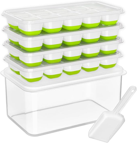 DOQAUS Ice Cube Tray with Lid and Bin - 4 Pack Silicone Ice Cube Trays for Freezer, Stackable Ice Bucket Kits with Storage Container & Scoop for Kitchen, RV, Cocktail, Coffee by DOQAUS