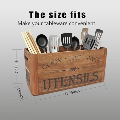 Utensil Holder for Kitchen Countertop - Extra Large 4 Compartment Wooden Organizer in Acacia Wood, Storage for Cooking Tools and Cutlery, Farmhouse Style for Home Cooking - Image 4