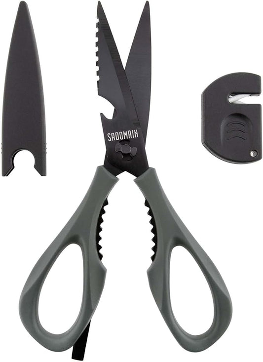 Kitchen Scissors All Purpose, Extra Sharp Kitchen Shears with Knife Sharpener & Sheath, Solid & Durable Stainless Steel Scissors with ANTI-RUST Black Titanium Plated, Dishwasher Safe - Grey