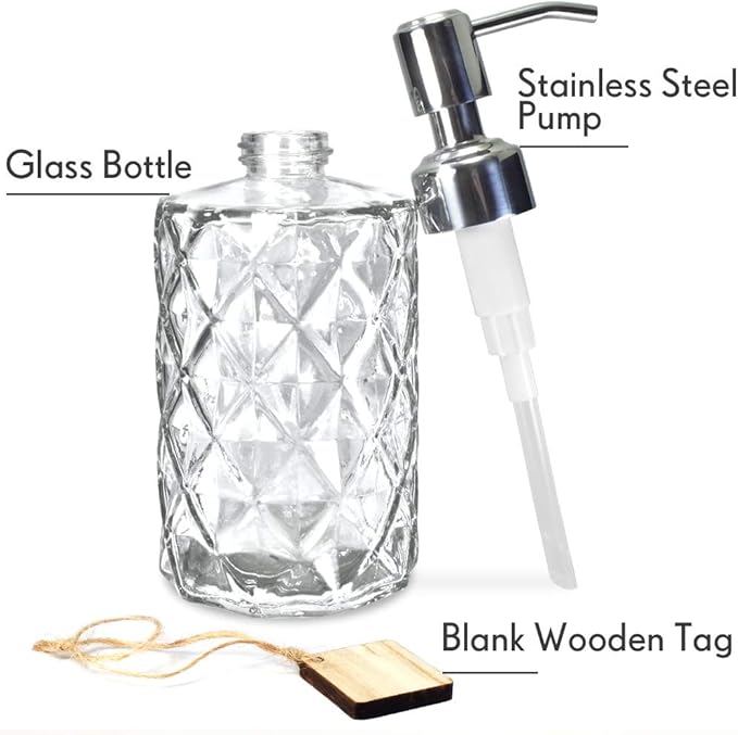 JASAI Diamond Design 12 Oz Glass Soap Dispenser, Kitchen soap Dispenser with 304 Rust Proof Stainless Steel Pump, Bathroom Soap Dispenser for Hand Soap, Soap, Lotion(Clear). - Image 5