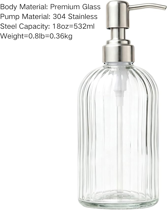 Glass Hand Soap Dispenser Silver Pump Refillable Dish Shampoo Lotion Bottle with Brushed Bathroom Kitchen Decor 18 OZ