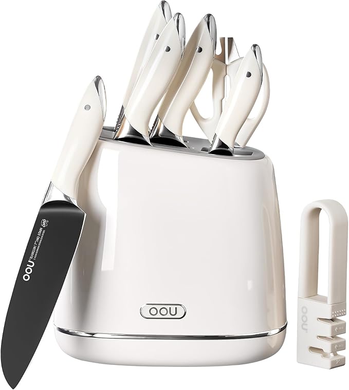 OOU Kitchen Knife Block Set - 15 Pieces High Carbon Stainless Steel Chef Knife Sets, Anti-Rust Black Knives Set with Sharpener，White