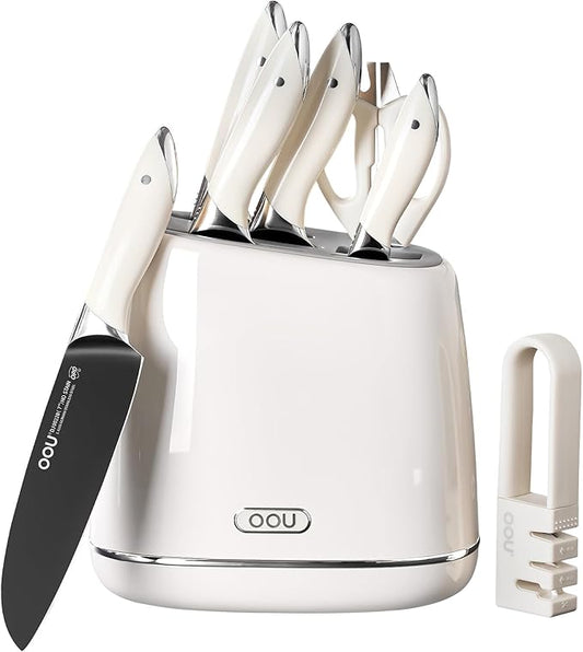 OOU Kitchen Knife Block Set - 15 Pieces High Carbon Stainless Steel Chef Knife Sets, Anti-Rust Black Knives Set with Sharpener，White