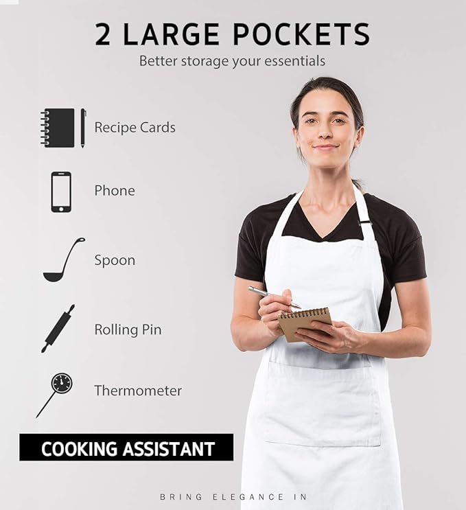 Syntus 12 Pack Bib Apron, Unisex Aprons Adjustable 100% Cotton with 2 Pockets Cooking Kitchen Aprons for Women Men Chef, BBQ Drawing Apron Bulk, White - Image 3