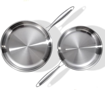 DELARLO Tri-Ply Stainless Steel Pan, 18/10 Frying Pan, Oven Safe Up to 600°F, Nontoxic Cookware, Compatible with All Cooktops Skillet, Durable, Fast Even Heat Fry Pan,10+12 inch Pan by DELARLOCOOKWARE