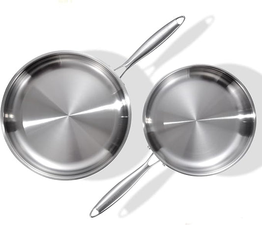 DELARLO Tri-Ply Stainless Steel Pan, 18/10 Frying Pan, Oven Safe Up to 600°F, Nontoxic Cookware, Compatible with All Cooktops Skillet, Durable, Fast Even Heat Fry Pan,10+12 inch Pan by DELARLOCOOKWARE