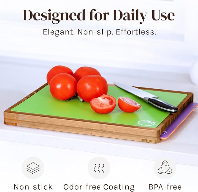 Cooler Kitchen Cutting Boards for Kitchen – Checkered Bamboo Cutting Board Set with 6 Color-Coded Flexible Chopping Mats, Easy Clean Wood and Dishwasher-Safe Plastic, Large 17×12, Knife-Friendly - Image 3