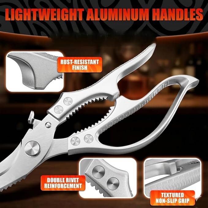 Stainless Steel Poultry Shears – Heavy Duty Kitchen Shears for Food with Hardened Blades, One-Hand Safety Lock, Spring Mechanism, Dishwasher Safe – Chicken, Meat Cutting, Turkey, Fish, and Vegetables