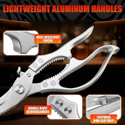 Stainless Steel Poultry Shears – Heavy Duty Kitchen Shears for Food with Hardened Blades, One-Hand Safety Lock, Spring Mechanism, Dishwasher Safe – Chicken, Meat Cutting, Turkey, Fish, and Vegetables