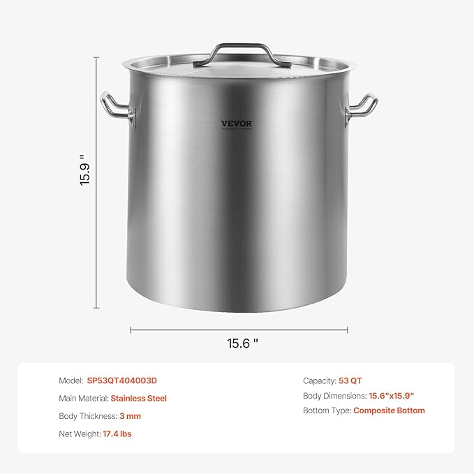 VEVOR Stainless Steel Stockpot, 53 Quart Large Cooking Pots, Cookware Sauce Pot with Lid, and Handle, Heavy Duty Commercial Grade Stock Pot, Sanding Treatment, for Large Groups Events Silver - Image 7