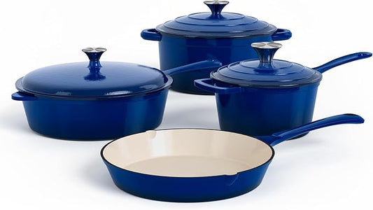 DishDelight 7 Pcs Enameled Cast Iron Pots and Pans Set, Induction Enamel Coated Cookware, Blue Dutch Oven Set with Lids, Oven Safe up to 500° F or on All Stovetop, PFOA&PFAS Free