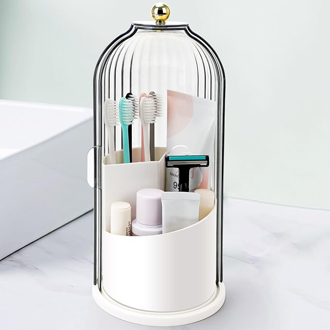 QIYVLOS Toothbrush Holders with Sliding Lid, Rotating 3 Slots Bathroom Organizer Countertop, Tooth Brush Toothpaste Holder Bathroom Counter Stand Sink Organizer Caddy for Vanity Makeup Brushes Holder by QIYVLOS