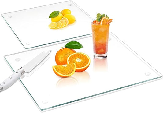 VASUHOME Tempered Glass Cutting Boards for Kitchen Counter - [2 Pack of 16x12 and 8x12 Inch] - Clear Cutting Board for Countertop - Scratch, Heat, Shatter Resistant and Easy to Clean