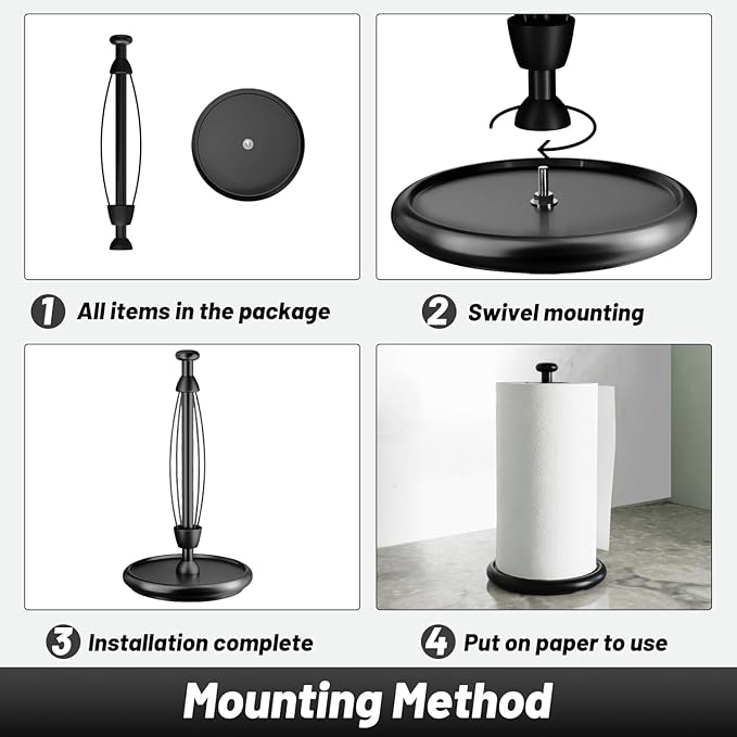 VEHHE Paper Towel Holder Countertop with Weighted Base, One-Handed Tear Paper Towel Holder with Damping Function and EVA Non-Slip Pad for Bathroom and Kitchen (Black) - Image 5