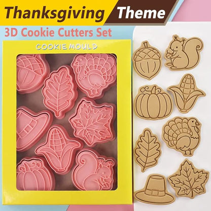 8-Pcs Thanksgiving Cookie Cutters Set 3D Pumpkin, Turkey, Corn, Maple leaf, Hazelnut, Squirrel Cookie Cutters for Party Baking Decoration