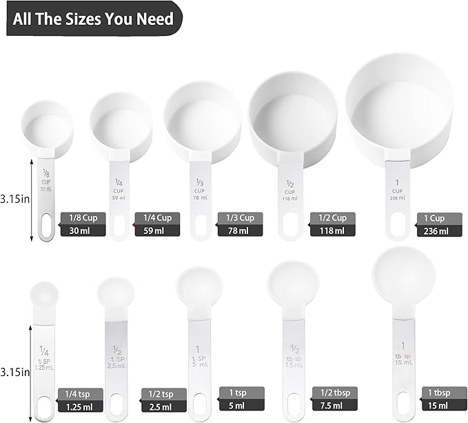 Measuring Cups and Spoons Set of Huygens Kitchen Gadgets 10 Pieces, Stackable Stainless Steel Handle Measuring Cups for Measuring Dry and Liquid Ingredient (White) - Image 2