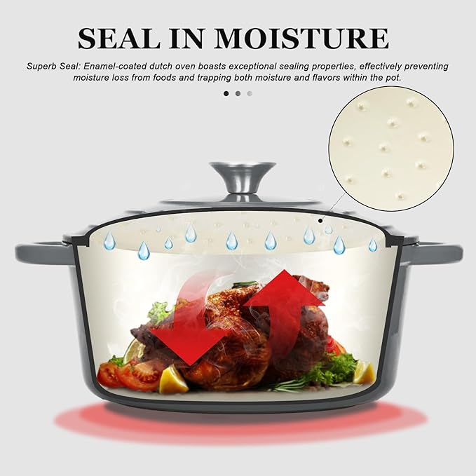 Overmont Enameled Cast Iron Dutch Oven - 4.5QT Pot with Lid Cookbook & Cotton Potholders - Heavy-Duty Cookware for Braising, Stews, Roasting, Sourdough Baking grey - Image 2