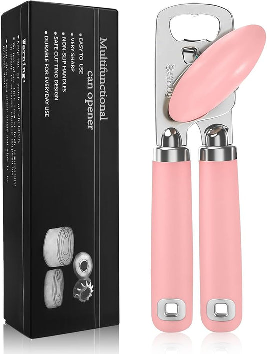 Safring Can Opener Manual, Heavy Duty Stainless Steel Smooth Edge Can Openers With Soft Touch Handle, Oversized Handheld Easy Turn Knob, Multi-Function Bottle Opener, Pink