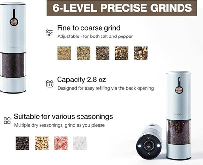Electric Pepper Grinder and Salt Mill Set - Large Capacity USB Rechargeable Automatic Grinder with Dual LED Lights, One-Handed Operation & Slide Cover - Brushed Stainless Steel - Image 5