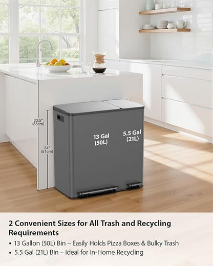 Lovewind Double Trash Can Kitchen, 13+5.5 Gallon Stainless Steel Dual Trash and Recycle Bin Combo with Silent Close Lid, Heavy-Duty Foot Pedal, Easy to Clean Garbage Can for Large Families, Grey