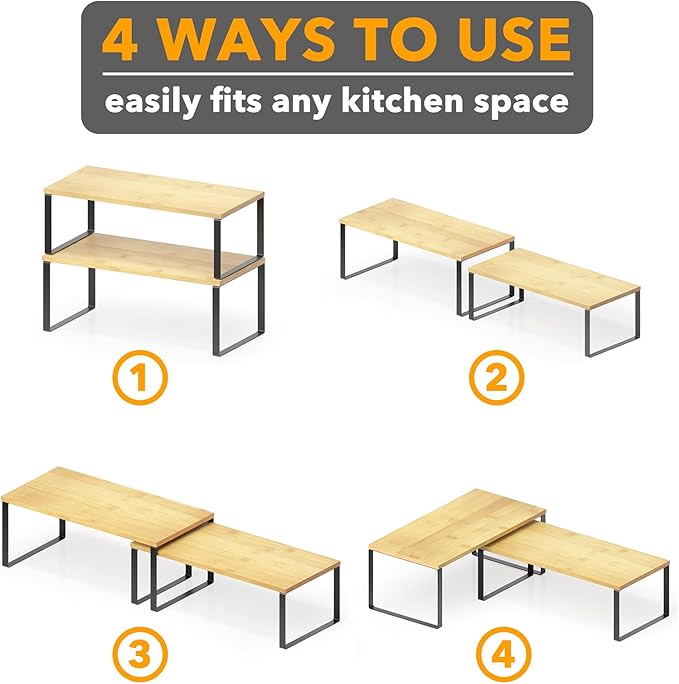 SpaceAid Cabinet Shelf Organizers 8 Pack, Kitchen Counter Rack Shelves Riser, Stackable Expandable Spice Rack, Pantry Cupboard Storage Organization (Black and Natural, Long) - Image 6