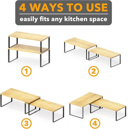 SpaceAid Cabinet Shelf Organizers 8 Pack, Kitchen Counter Rack Shelves Riser, Stackable Expandable Spice Rack, Pantry Cupboard Storage Organization (Black and Natural, Long) - Image 6