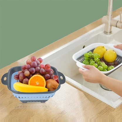 Collapsible Colander Set, Square Round Triangles Silicone Kitchen Strainer Perfect for Draining Pasta Vegetable fruit 2 PCS (10.8"L x 8.6"W x 2"H, Blue & Gray) - Image 7