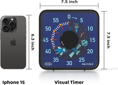 Secura 7.5-Inch Astronaut Pattern Visual Timer for Kids, 60-Minute Countdown Timer for Classroom or Kitchen, Durable Mechanical Timer Clock with Magnetic Backing (Black)