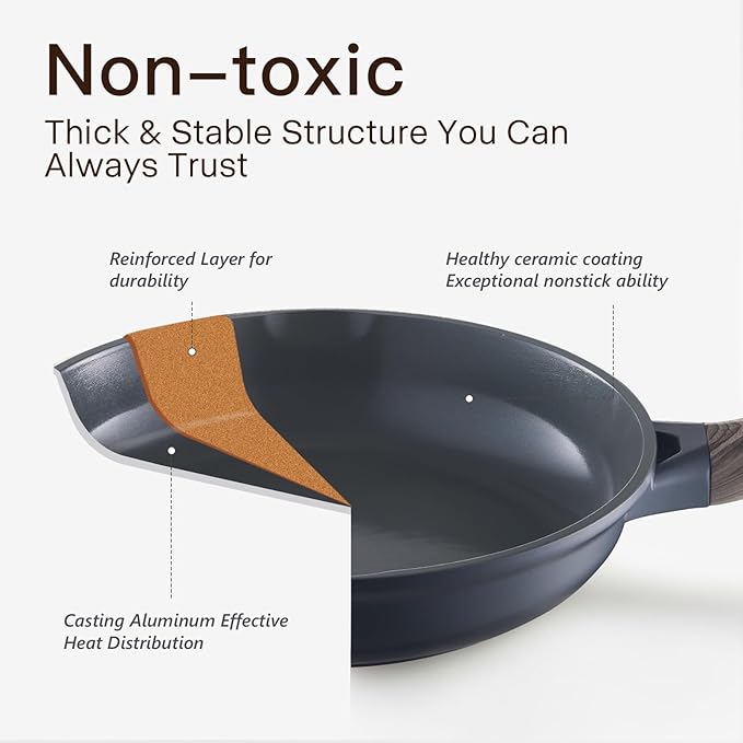 Pots and Pans Set Nonstick 22 Pcs, Ceramic cookware set Non-Toxic CoatingGray Granite Kitchen Cookware Set, Induction Kitchen Cooking Set w/Frying Pans, Saucepans & Glass Lids, PFOS & PFOA Free - Image 3