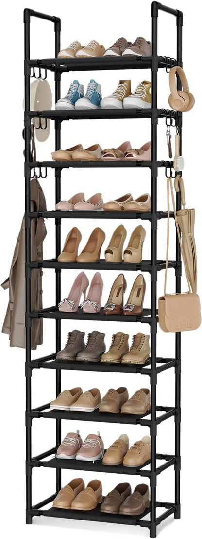 VTRIN 10 Tiers Tall Shoe Rack Holds 20-25 Pairs of Shoes Sturdy Vertical Shoe Organizer with 18pcs Hooks Stackable Narrow Shoe Rack for Closet, Entryway Black by VTRIN