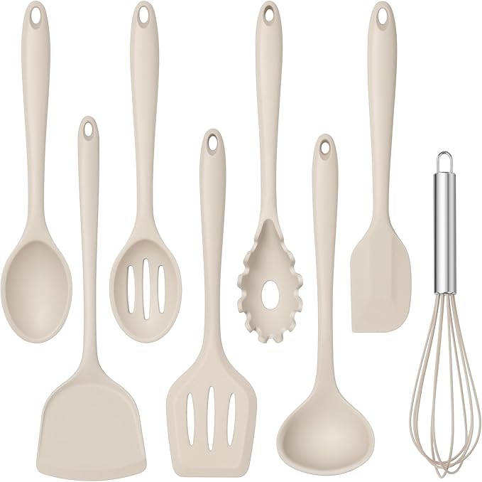 TeamFar 8 PCS Silicone Cooking Utensils - 446°F Heat Resistant Kitchen Silicon Utensils Set, Turner, Spatula, Spoon, Whisk, Kitchen Cooking Gadgets Tools for Nonstick Cookware, Dishwasher Safe-Khaki by TeamFar