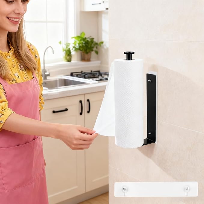 Magnetic Paper Towel Holder with Adjustable Damping - One Hand Tear, No Drill Adhesive Mount, Strong Magnet for Kitchen, Fridge, RV, Garage, Grill (Color:Black)