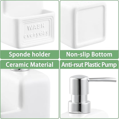RQYIXI Soap Dispenser with Sponge Holder Ceramic Hand and Dish Soap Dispenser 15oz for Kitchen Bathroom