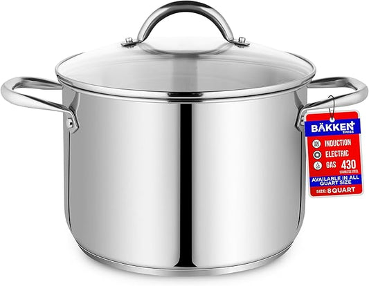 Stainless Steel Stockpot with Tempered Glass Lid 8 Quart, Durable 18/0 Stainless Steel, Impact-Bonded Base for Even Heating, Riveted Handles, Oven & All Stove Compatible, Safe Up To 500°F (260°C) by Unknown