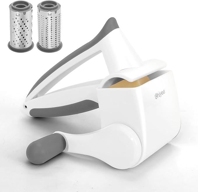 UHIYEE Patented Rotary Parmesan Cheese Grater, Hand Crank Cheese Shredder with Fine & Coarse Drums, Restaurant Quality, White, Stainless Steel & ABS, Dishwasher Safe by UHIYEE