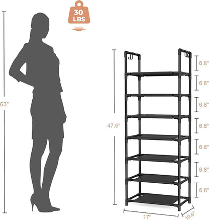 LANTEFUL 7 Tiers Shoe Rack 18-20 Pairs Boots Organizer Storage Sturdy Narrow Shoe Shelf for Entryway, Closets with Hooks, Black - Image 3