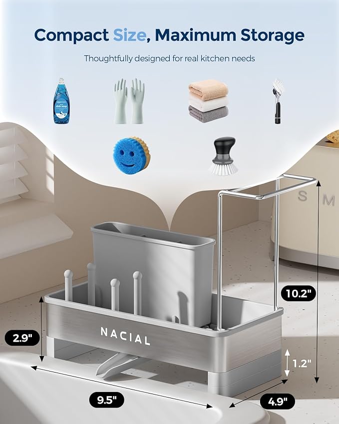 Nacial Sponge Holder for Kitchen Sink, Sink Caddy Organizer with High Brush Holder & Two Towel Racks - Rustproof 304 Stainless Steel Kitchen Countertop Storage Essentials - Gris - Image 2