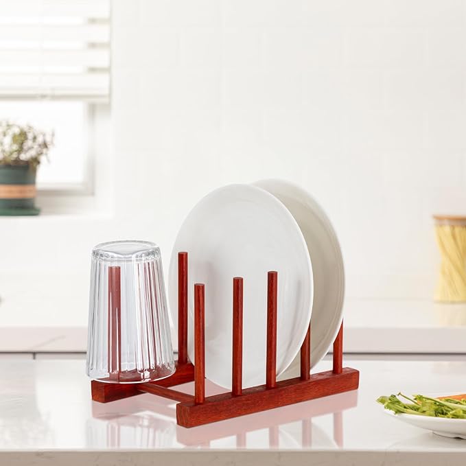 HBlife Rosewood Wooden Dish Drying Rack - Home and Kitchen Organizer for Cups, Bowls, Pots, Lids, Cutting Boards & Plates Space-Saving for Cabinets Counters (4 Slots)