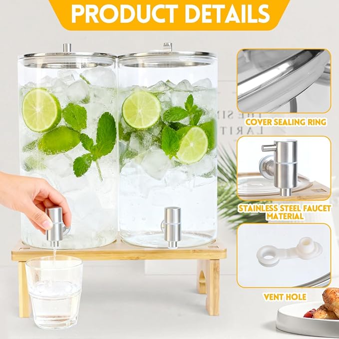 2 Pack 1.5 Gallon Drink dispenser with Stand，Glass Beverage Dispenser With Wood Stand, 18/8 Stainless Steel Spigot and Labels Large Water Drink Dispensers for Parties, Lemonade,Juice, Tea - Image 6