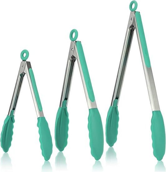 Kitchen Tongs, U-Taste 7/9/12 inches Cooking Tongs, with 600ºF High Heat-Resistant Non-Stick Silicone Tips, 18/8 Stainless Steel Handle, for Food Grill, Salad, BBQ, Frying, Serving, Pack of 3(Teal) by U-Taste