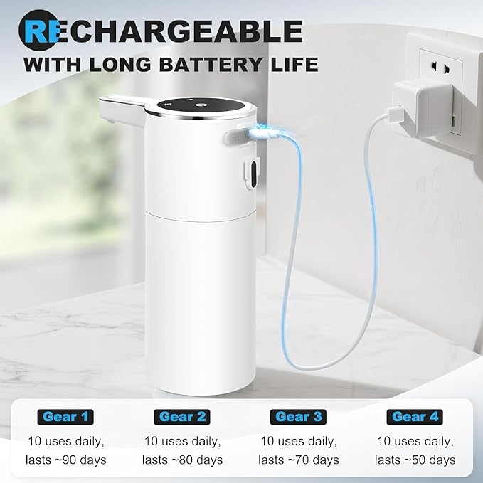 Automatic Soap Dispenser Liquid Touchless: 13.52oz/400ml Wall Mounted USB Rechargeable - 4-Level Adjustable Modern Electric Hand Soap Dispenser - Kitchen Bathroom Kids Family White - Image 7