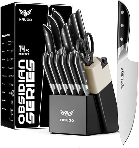 Kitchen Knife Set with Block: 14-Piece German Stainless Steel Full Tang Professional Knife - Comfortable Grip Reduces Hand Fatigue 30% - Dishwasher Safe & Sharpener - Black Knife Set for Cooking