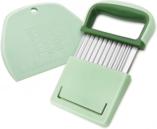 Vegetable Chopper - Stainless Steel Blade Crinkle Cutter/Wavy Knife Veggies French Fry Slicer and Plastic Dough/Cake Scraper,2 piece (Green)