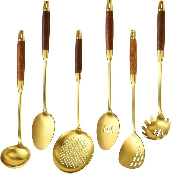 Izurok 18/10 Stainless Steel Kitchen Utensils Set,6 Piece Cooking Utensils With Wood Handle,Heat Resistant Kitchen Tool Set With Spatula, Spoon, Ladle, Skimmer, Slotted Spoon, Pasta by IzurokBuynow