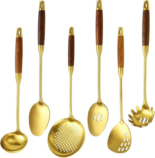 Izurok 18/10 Stainless Steel Kitchen Utensils Set,6 Piece Cooking Utensils With Wood Handle,Heat Resistant Kitchen Tool Set With Spatula, Spoon, Ladle, Skimmer, Slotted Spoon, Pasta by IzurokBuynow