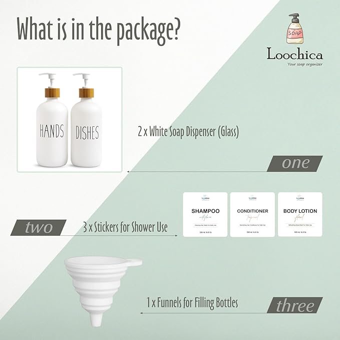 LOOCHICA 2 Pack White Glass Soap Dispenser Set for Kitchen Sink, Hand and Dish Soap, Matte White Finish, Rustic Decor - Image 2