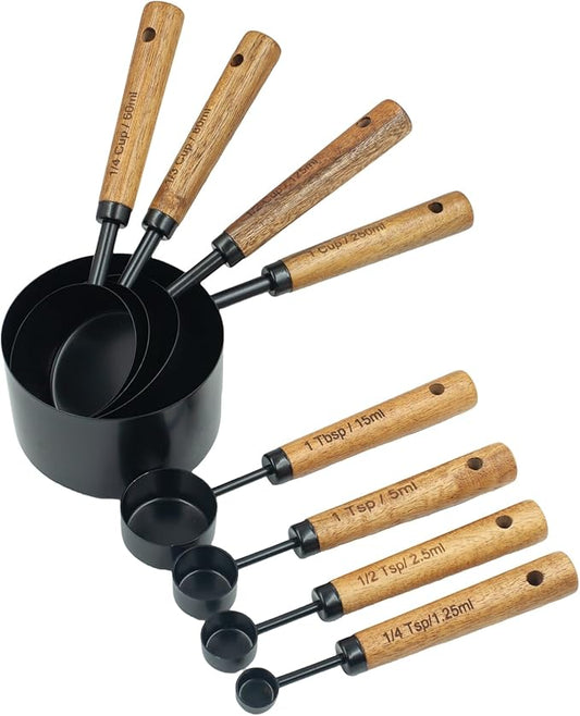 Measuring Cups and Spoons Set of 8, Stainless Steel Measuring Cup with Wooden Handle, Kitchen/Food/Liquid/Baking (Black)