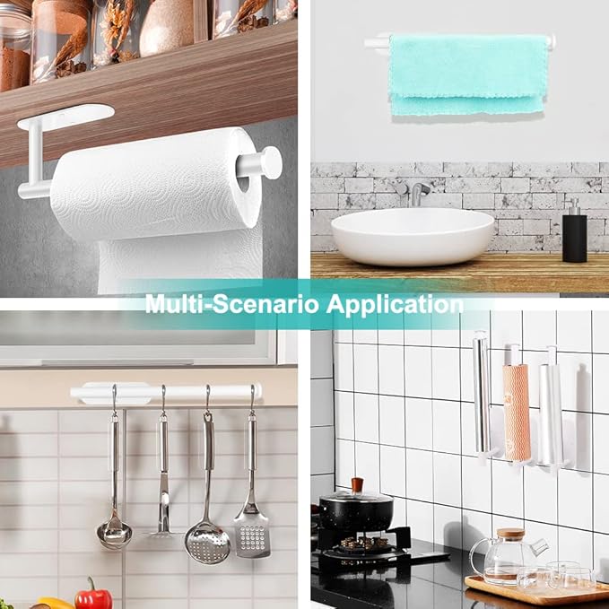 MGahyi Paper Towel Holder Wall Mount, Self Adhesive Or Drilling Paper Towel Holder Under Cabinet, 13.2 inch Stainless Steel Kitchen Paper Towel Roll Rack, Bathroom Towel Roll Hanger(Rectangle-White) - Image 7