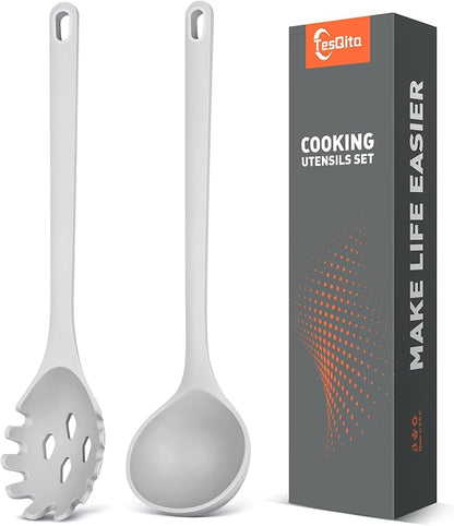Silicone Spaghetti Spoon&Soup Ladle Cooking Utensils Set of 2,No Scratch for Nonstick Cookware,BPA Free, 450℉ Heat Resistant (GRAY) by TesQita
